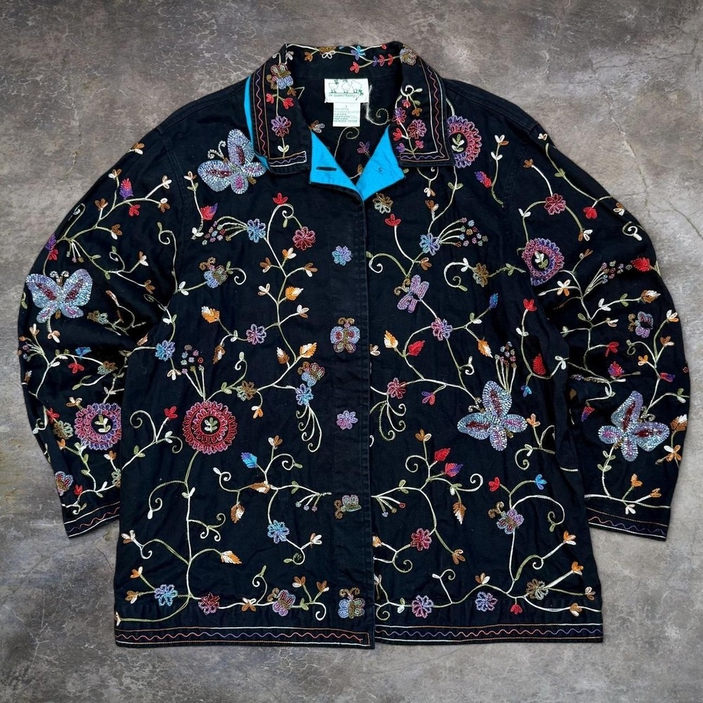 Vintage Quacker Factory Beaded Butterfly Jacket Women's Large Floral Nature Y2K